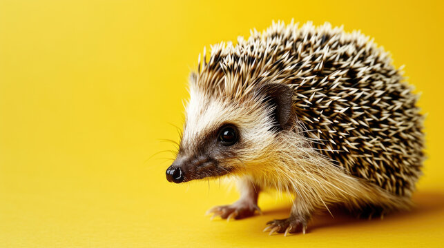 Small hedgehog is standing on yellow surface