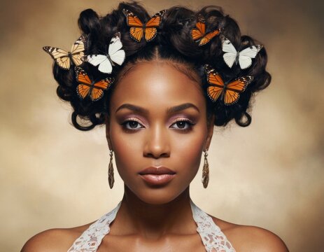 Image of a woman with curly hair and butterflies. AI generation