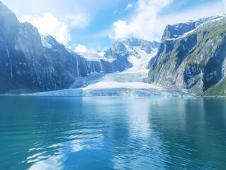 A majestic glacier feeding into a tranquil blue lake surrounded by steep cliffs and mountains with a clear sky above.