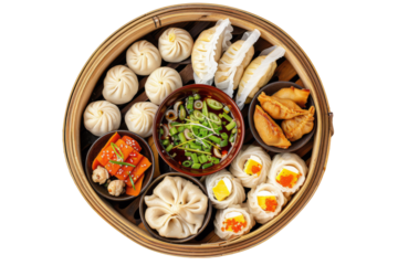 Chinese dim sum platter with assorted dumplings, steamed buns, and rolls, served with soy sauce and chili oil.