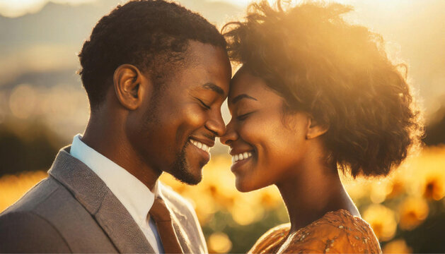 Um casal de namorados sorrindo, com rostos juntos, em contraluz, iluminados pela luz do p&ocirc;r-do-sol.