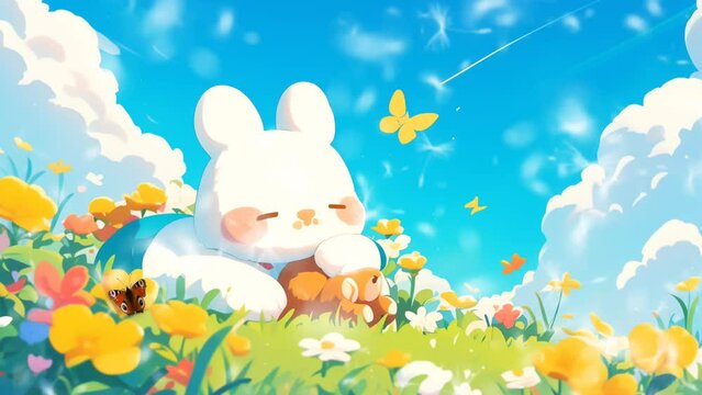 A cute rabbit sleeping in the flower garden, lullaby anime background animation. This is a relaxing and adorable video perfect for children, nursery, bedtime, or any project that needs a touch of cute