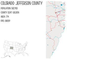 Large and detailed map of Jefferson County in Colorado, USA.