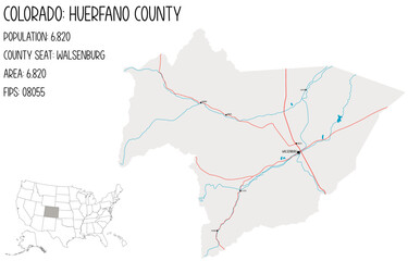 Large and detailed map of Huerfano County in Colorado, USA.