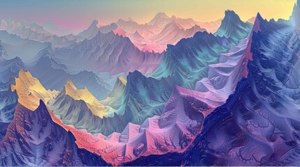 an abstract mountainous landscape, a visionary fusion conceived by various artists, depicting surreal undulating peaks and valleys. SEAMLESS PATTERN - obrazy, fototapety, plakaty