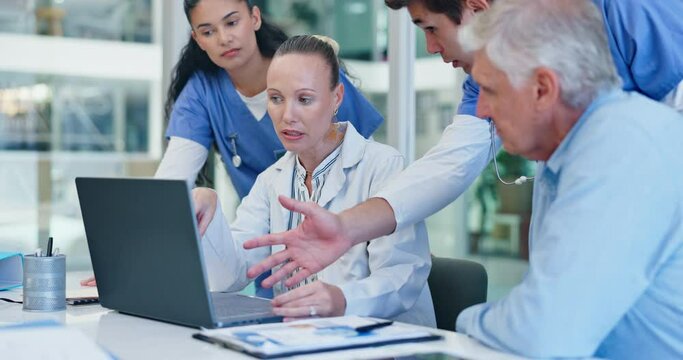Help, teamwork and medical with laptop, healthcare and online reading for research and hospital. Clinic, group and professional with computer and people with cooperation and technology in a clinic