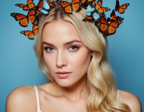 Image of a blonde woman with orange butterflies.