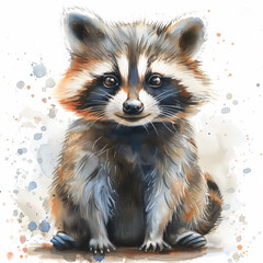 Adorable watercolor raccoon illustration on white background, watercolor, white background 