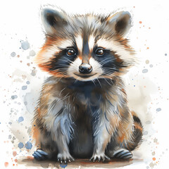 Obraz premium Adorable watercolor raccoon illustration on white background, watercolor, white background 