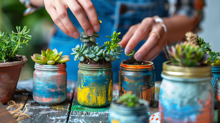 Female hands planting succulents in painted and decorated old jars. Hobby, home gardening, DIY,...