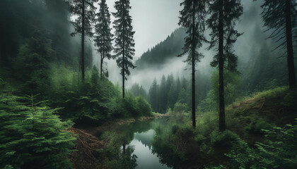 Foggy forest, misty landscape