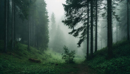 Foggy forest, misty landscape