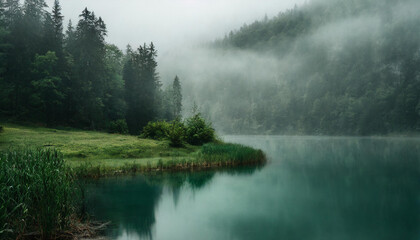 Lake in the woods, foggy forest, mystic landscape
