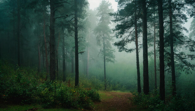 Foggy forest, misty landscape