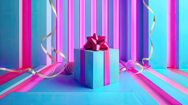a magnificent gift pack adorned with intense neon pastel colors, creating a stunningly beautiful image reminiscent of the art deco style.