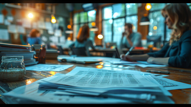 Image of business documents on workplace with three partners interacting on background. - Powered by Adobe