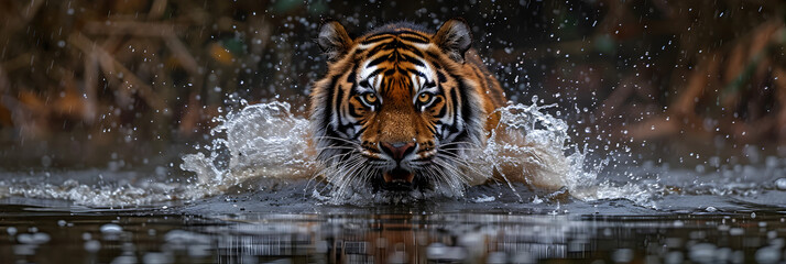 Amur Tiger Playing in the Water Siberia's Beauty,
Stunning Stock Image of Majestic Tiger Gracefully Walking Through Serene Waters - obrazy, fototapety, plakaty