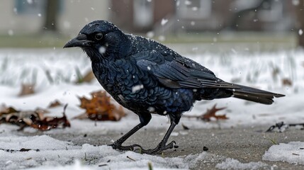 This stunning image showcases a black bird amidst a gentle snowfall, with detailed feathers and a soft snowy background