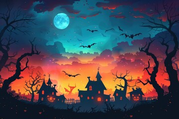 Fototapeta na wymiar halloween cartoon template background with halloween themed scene 