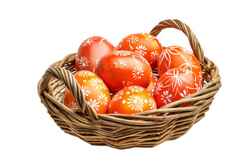 a wicker basket with orange Easter eggs, easter decorative motif, isolated on transparent background - obrazy, fototapety, plakaty