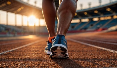 Focus on running shoe of athletic runner training in stadium at sunset, preparing for sports competition, olympic games - obrazy, fototapety, plakaty