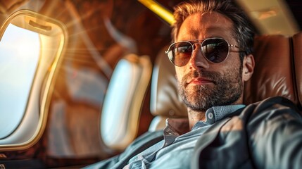 Comfortable and relaxed travel in a private jet, affluent passenger enjoying the view