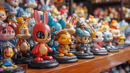 Array of vibrant animal character figurines with playful designs on shelf.