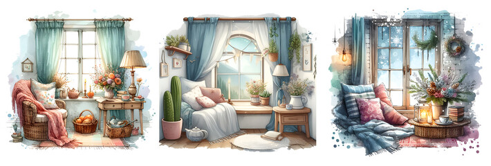 Arrange the interior of the room Next to the window watercolor pattern warm atmosphere