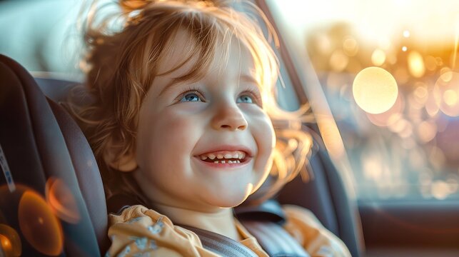 A delightful image of a young child smiling joyously while secured in a car seat, capturing a moment of innocent happiness