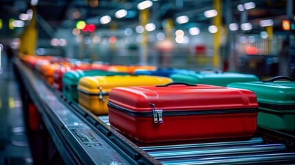 Brightly colored suitcases lined up on a conveyor belt in an airport baggage claim area, representing travel and tourism