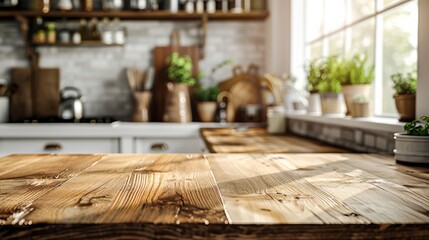 Sunlight streams into a modern rustic kitchen, highlighting the natural beauty of the wooden surfaces and plants