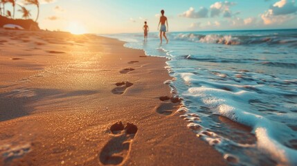 A pair of footprints in the sand near the water at sunset, beach, summer, travel, journey or adventure - obrazy, fototapety, plakaty
