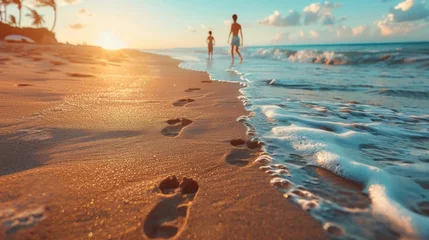 Foto op Plexiglas A pair of footprints in the sand near the water at sunset, beach, summer, travel, journey or adventure © Intelligent Horizons