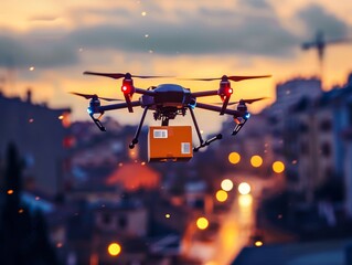 A silhouette of a drone against an evening sky, delivering a package with city lights below