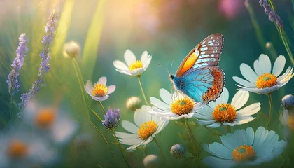  Background flower butterfly spring garden floral beauty blossom plant blue. Garden spring butterfly background summer flower field white color season banner daisy wild morning nature meadow bloom teal © Micaela