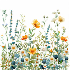 Fototapeta na wymiar Delicate watercolor background featuring drawn herbs and flowers, watercolor, white background 