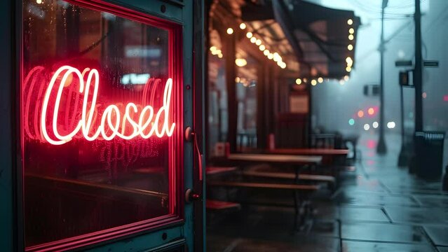 flashing neon light sign with the word closed in front of restaurant cafe at night
