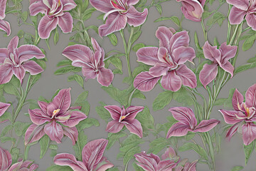 Floral pattern: watercolor pink fancy flowers on gray background. AI generative.