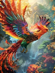 Fototapeta na wymiar A colorful Oriental, Eastern phoenix with huge wings flying in the sky, majestic, backlight, digital art style illustration painting. generative AI