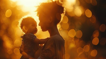 Mother gently embraces her child in the golden light of a setting sun, holds her child close, providing comfort and security, love, family, nature, and the beauty of everyday moments, mother day
