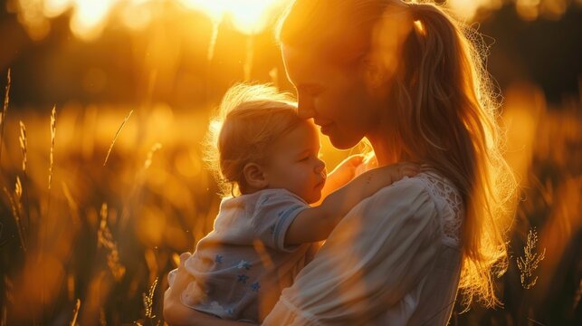 Mother gently embraces her child in the golden light of a setting sun, holds her child close, providing comfort and security, love, family, nature, and the beauty of everyday moments, mother day