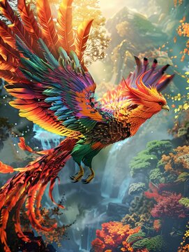 A colorful Oriental, Eastern phoenix with huge wings flying in the sky, majestic, backlight, digital art style illustration painting. generative AI