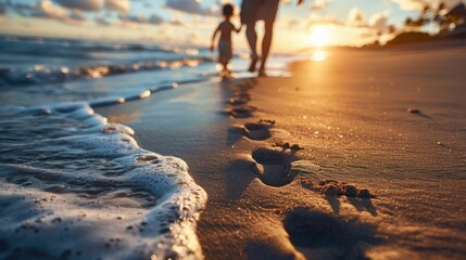 A pair of footprints in the sand near the water at sunset, beach, summer, travel, journey or adventure - obrazy, fototapety, plakaty
