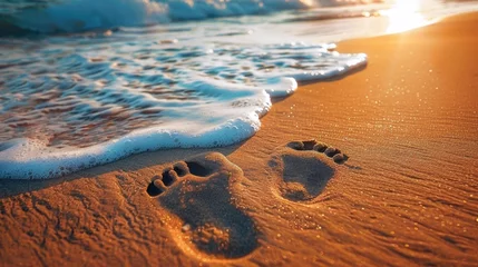 Fototapeten A pair of footprints in the sand near the water at sunset, beach, summer, travel, journey or adventure © Intelligent Horizons
