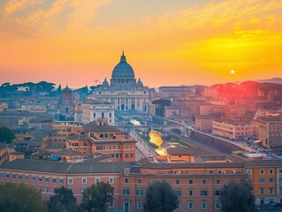 Fototapeta na wymiar A scenic view of Vatican City at dawn with the sun rising above the horizon, casting a warm glow over the historical architecture.
