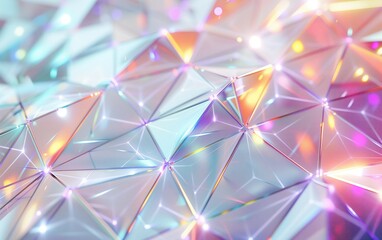 A tiled white polygon background connected by glowing dots and lines.Colorful transparent glass