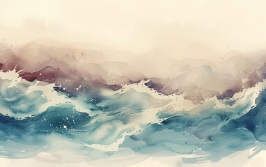 Watercolor painting of softly waves in the ocean,dark patrol white and beige, dreamlike - obrazy, fototapety, plakaty