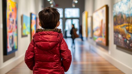 A young boy in a red jacket gazes at colorful paintings in an art gallery with soft lighting and modern architecture