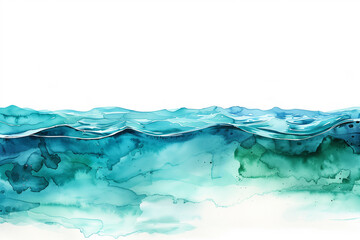 Hand-drawn watercolor abstract seascape with underwater section, watercolor, white background  - 753675190