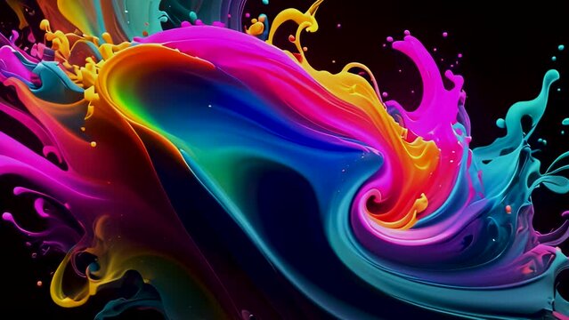 Video animation of vibrant and dynamic splash of multicolored paint against a dark background. The colors blend seamlessly, creating a visually striking and energetic effect